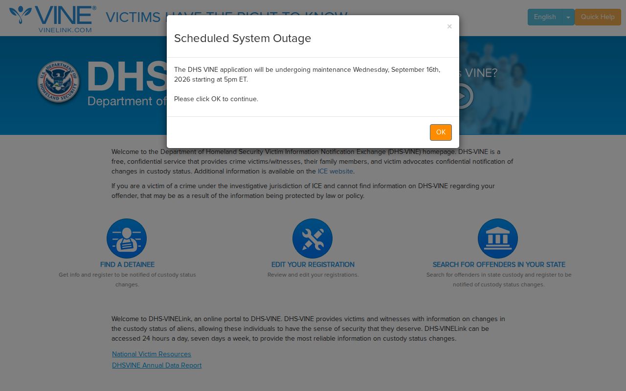 DHS VINE federal immigration custody search page