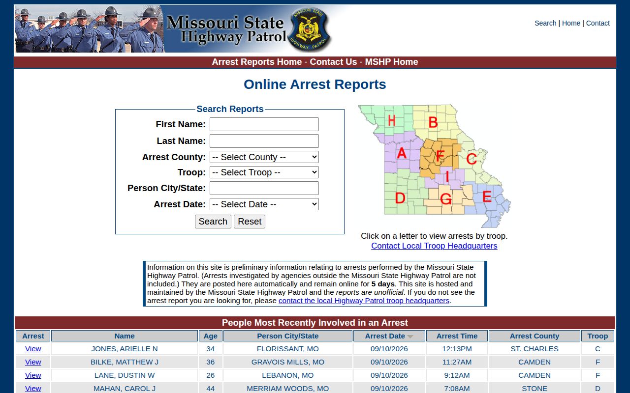 Missouri Highway Patrol five-day Montgomery County arrest report search